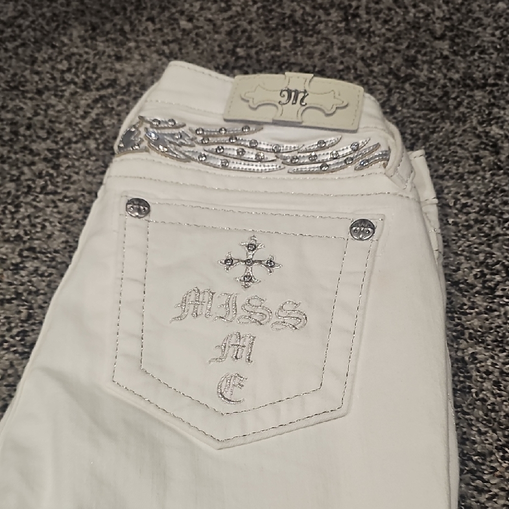 Miss Me White Boot Cut Jeans with Silver Embellishments